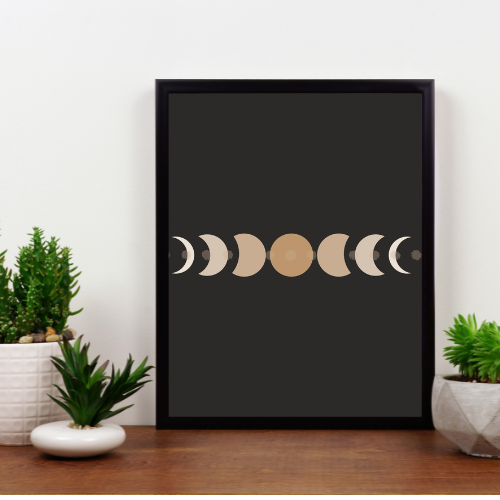 Moon Phases Art Print - Boho Design - Black & Rose Gold